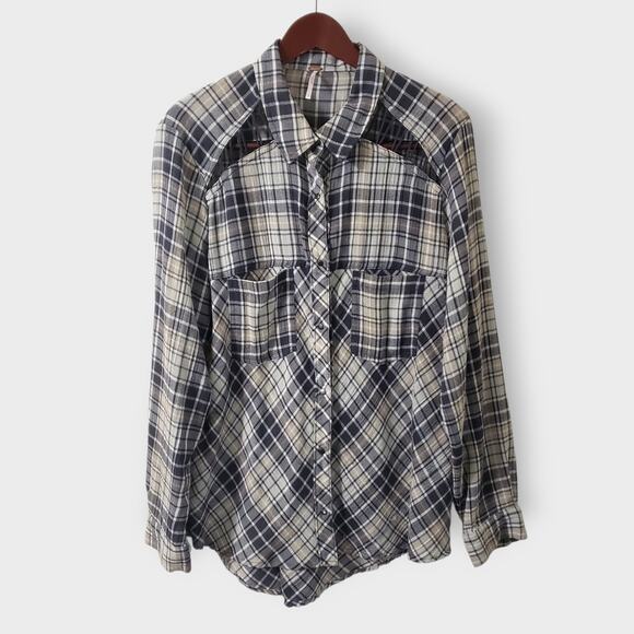 Free People Plaid Pearl Snap Button Oversized Shirt Sz Large Boho Western Grunge - Picture 1 of 12